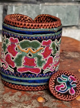 民族风手工老绣绣花 藤编工艺收藏级精品打籽绣手镯 个性百搭饰品