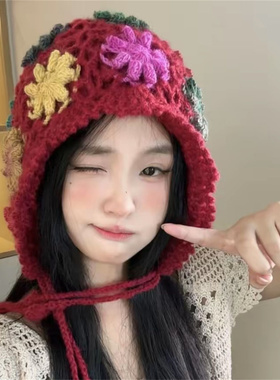 秋冬手工钩织彩色花朵流苏包头帽