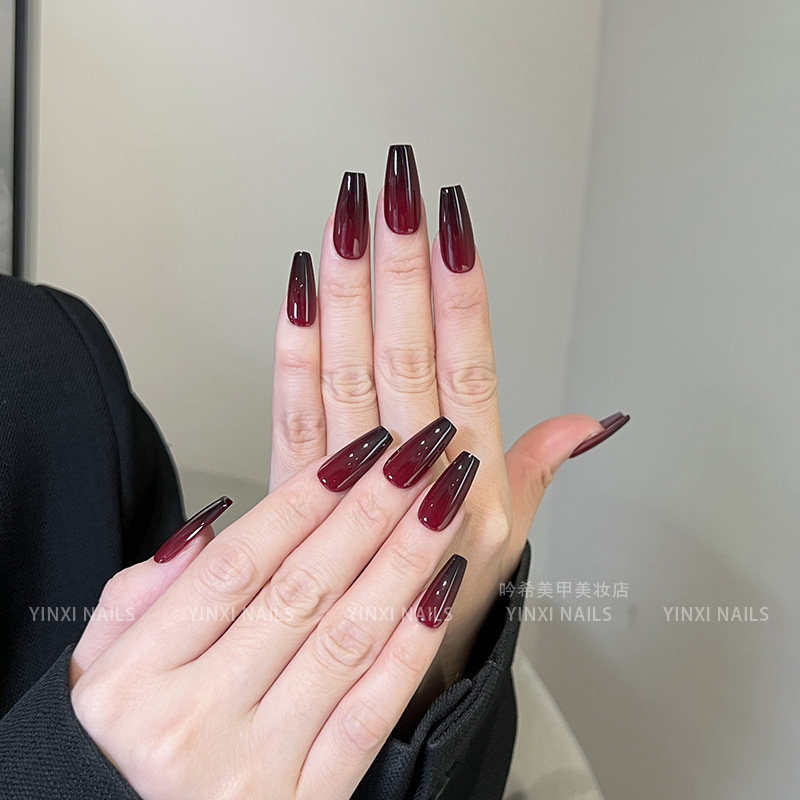 黑红渐变色穿戴甲中长款梯形秋冬新款显白新年网红爆款高级感甲片,淘宝优惠券,粉丝福利购,淘宝优惠卷