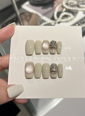 纯手工猫眼白色穿戴甲堆钻显白高级感淑女ins风可拆卸美甲贴片