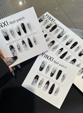 国风水墨黑白玫瑰花穿戴甲新中式预制甲片半成品带封层可拆卸美甲