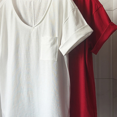 樊樊 早安老钱麻感T恤袖口卷边V领短袖女夏慵懒宽松多色百搭上衣 - 图1