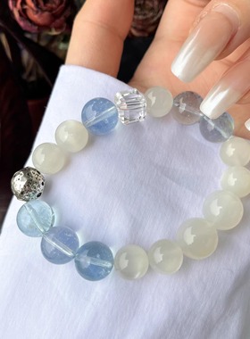 天然海蓝宝白色月光石水晶手链
