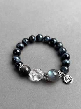 天然蓝色虎眼石手链招财转运珠