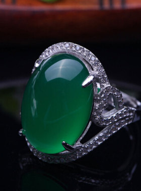 欧美复古纯银镶钻绿玉髓宝玉石高贵时尚开口女款祖母绿宝石戒指环