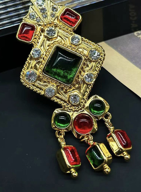 包邮中古饰品复刻vintage红色绿色琉璃镀真金项链流苏