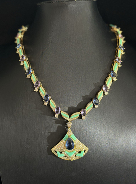 中古风复古宫廷风高级感复古镀真金项链毛衣链流苏耳钉耳环玻璃