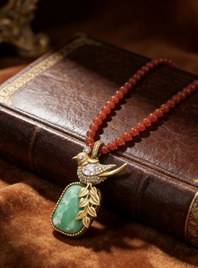 中古风复古宫廷风高级感复古镀真金鸟语花香项链毛衣链红玛瑙