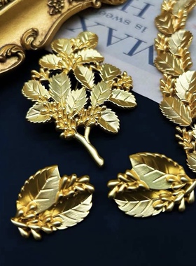 中古复刻vintage杂志款树叶素金Trifari繁华复古经典项链耳环套装