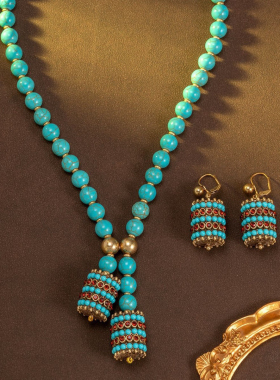 中古风复古宫廷风高级感复古镀真金925银针项链耳钉耳环仿绿松石