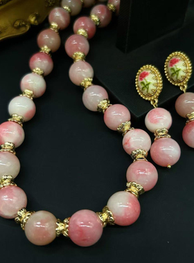 包邮镀真金粉色天然石波斯玉项链925银针花朵耳钉项链毛衣链