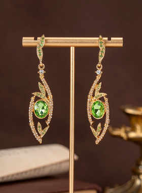 中古风复古宫廷风高级感复古镀真金925银针项链耳钉耳环绿眼竹叶