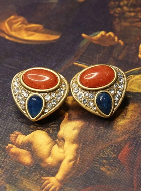 中古风vintage夸张大款长款流苏吊坠项链925银针耳钉耳拍天然石