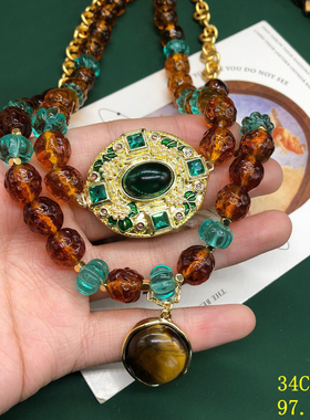 中古风复古宫廷风高级感复古镀真金项链耳钉耳环925银针琉璃