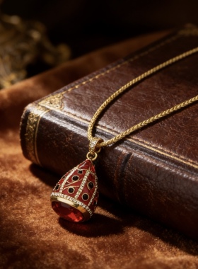 中古风复古宫廷风高级感复古镀真金红色琉璃玻璃项链锁骨链