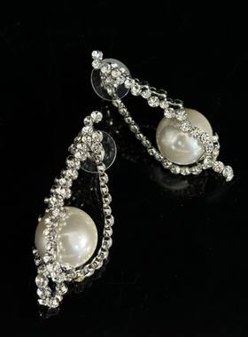 中古风复古风高级感复古镀白金玻璃仿珍珠项链耳钉耳环925银针