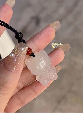 可爱卡通猫陶瓷项链冰种白玉髓KT猫吊坠女平安小挂坠可爱项链