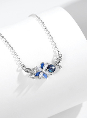 蝴蝶925纯银项链女小众设计轻奢款得物ins风琉璃石花朵吊坠锁骨链