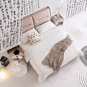 掌上明珠家居23年新款亲肤易打理科技布齐边设计软靠包双人软床