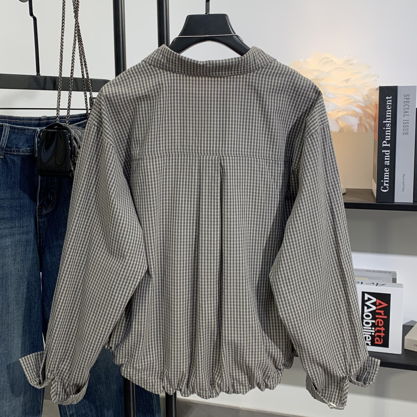 2026新款复古千鸟格子衬衫女短款宽松时尚下摆抽绳小个子上衣外套,淘宝优惠券,粉丝福利购,淘宝优惠卷