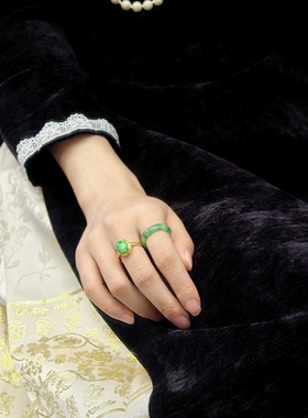 琉梨集 翡翠戒面镶嵌银镀金旗袍配饰日常开口戒指