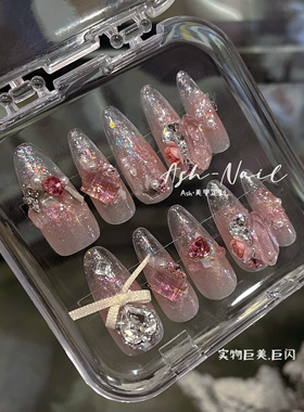 Ash美甲手工穿戴甲 施家全华钻清透雕花美少女假指甲贴片成品长款