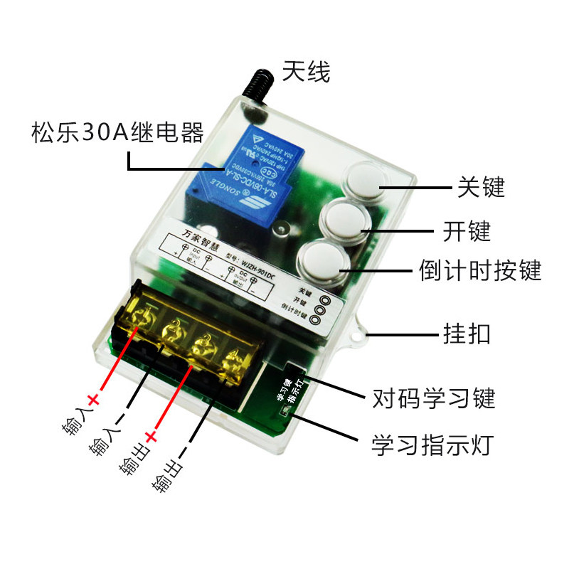 无线遥控开关DC9V12V/24V/48V60V/72V直流宽电压带手动遥控倒计时 - 图2