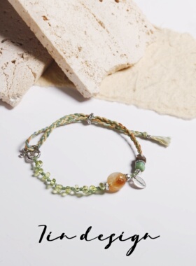 7in 【苹果】 原创小众设计复古手作编织手绳橄榄石s925纯银手链