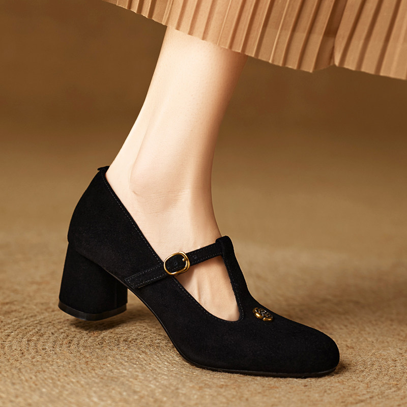 磨砂羊皮女鞋2025新款单鞋中跟玛丽珍鞋法式复古小皮鞋粗跟高跟鞋,淘宝优惠券,粉丝福利购,淘宝优惠卷