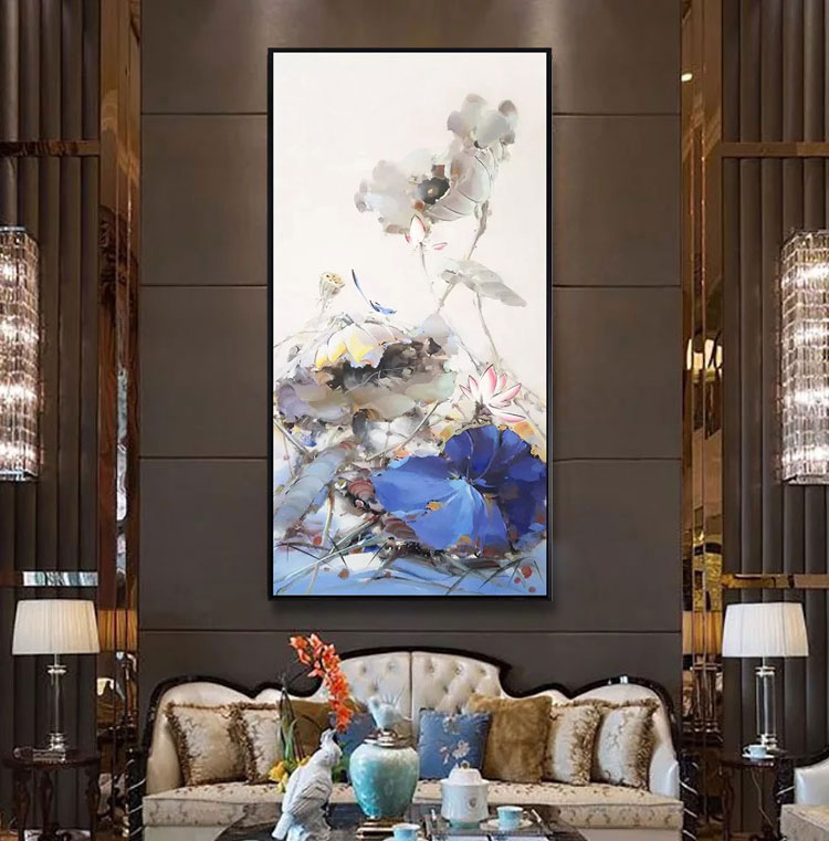 荷花油画手绘新中式现代简约客厅装饰画大型竖版挂画《好事连连》