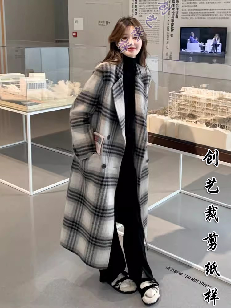 做衣服的图纸N339带里韩系格子大衣女秋冬新款中长款毛呢外套纸样