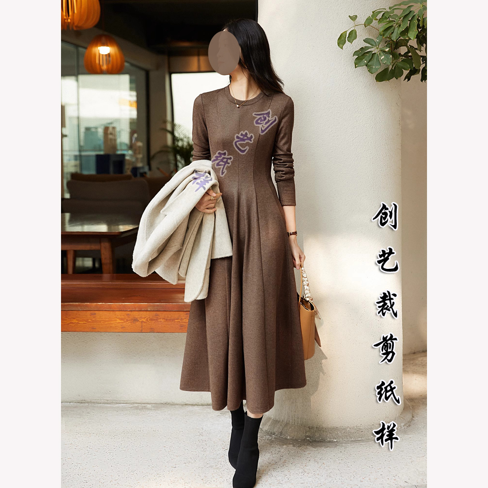 纸样E268连衣裙羊毛裁剪图云梯棉气质中长长款收腰大摆裙缝纫图纸 - 图2