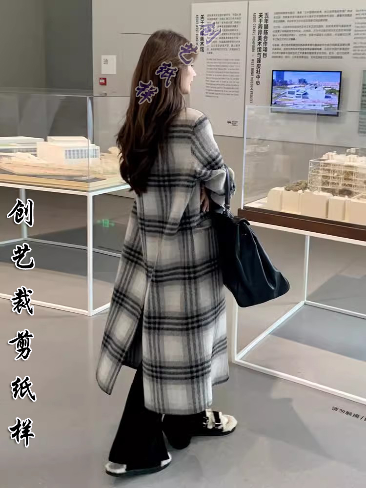 做衣服的图纸N339带里韩系格子大衣女秋冬新款中长款毛呢外套纸样