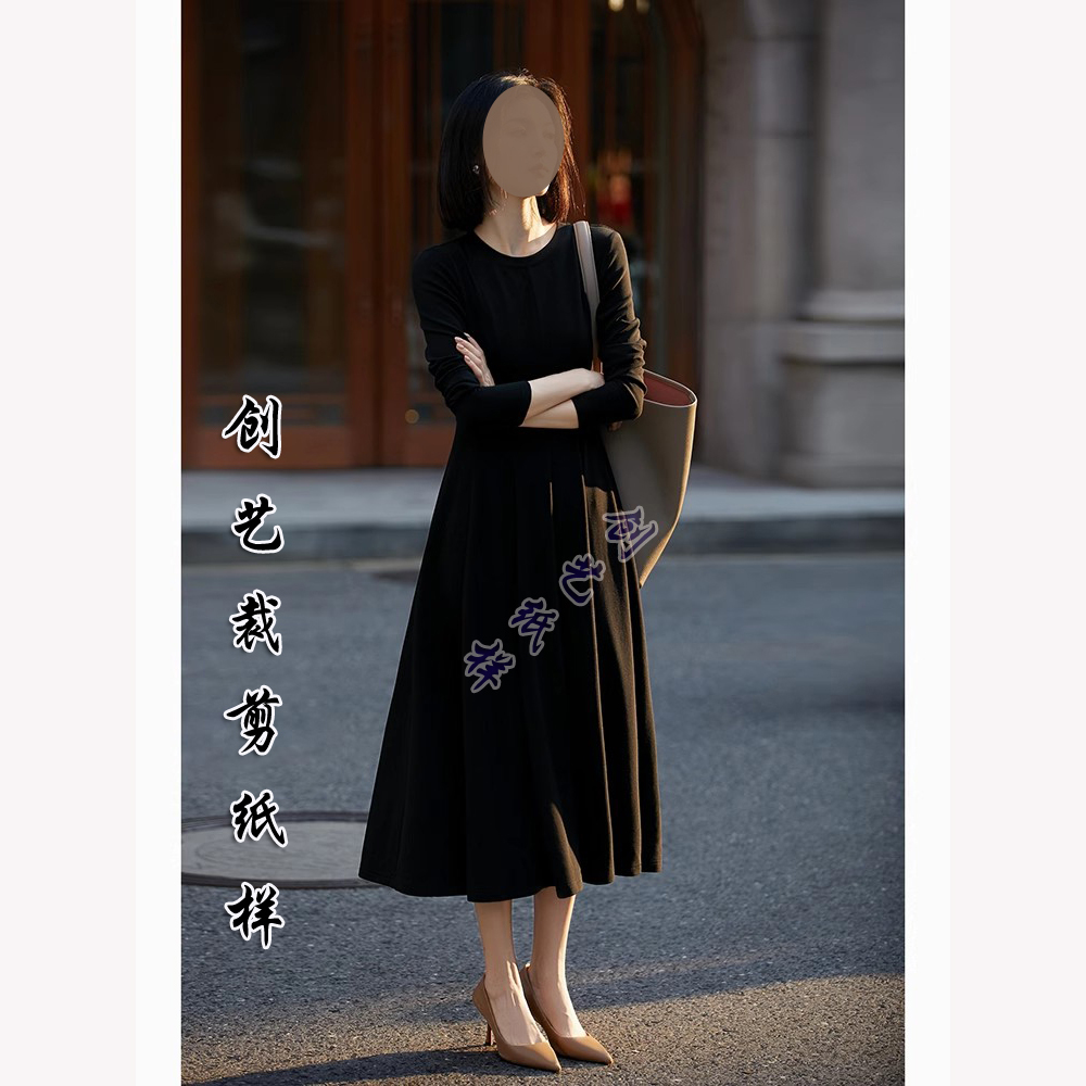 纸样E268连衣裙羊毛裁剪图云梯棉气质中长长款收腰大摆裙缝纫图纸 - 图0