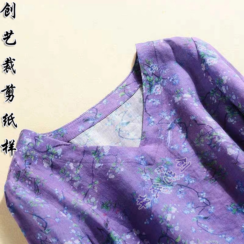 做衣服N57苎麻长裙文艺V领显瘦中袖印花连衣裙袍子打版裁剪图纸样 - 图0