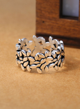 纯银日韩风学生开口复古树叶戒指