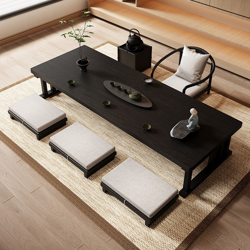 日式禅意榻榻米茶桌实木茶台侘寂风茶几家用黑色矮长泡茶桌椅组合,淘宝优惠券,粉丝福利购,淘宝优惠卷