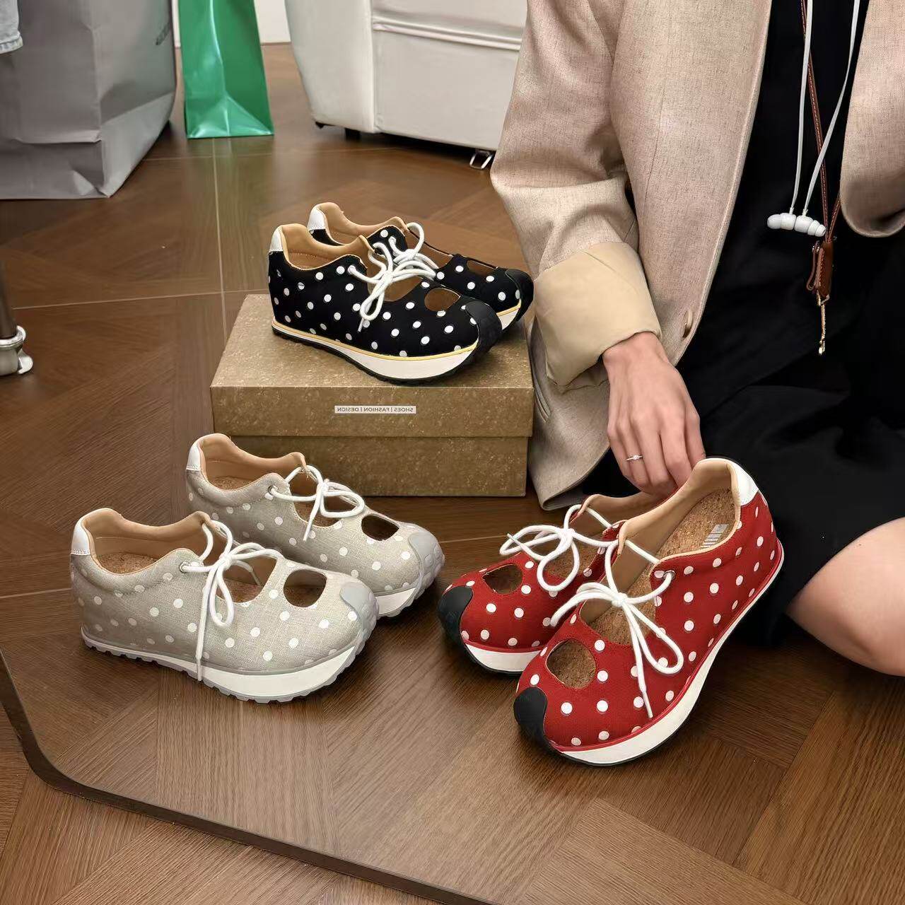 H55女鞋鬼马乐园2026春夏新款亚麻波点玛丽珍休闲鞋华夫鞋凉鞋