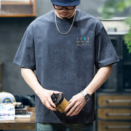 230g字母印花短袖t恤男夏季潮牌大码美式宽松半袖男生刺绣体恤衫 - 图0