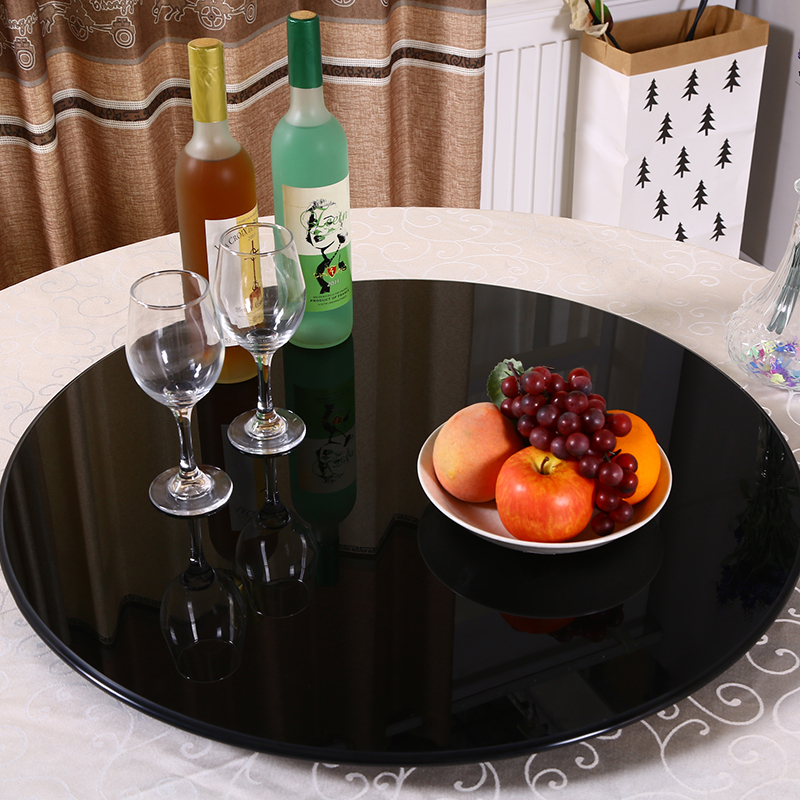 圆形黑色钢化玻璃面家用酒店餐桌圆桌黑色玻璃转盘圆桌面茶几台面 - 图0