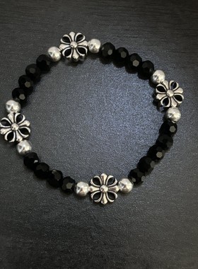 CH克罗伈黑曜石8MM切面十字花配珠手链情侣欧美朋克百搭男女手串