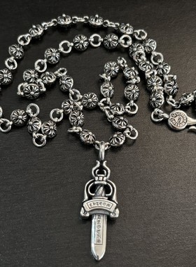 CH克罗伈复古十字花球双面宝剑吊坠情侣欧美鱼钩一体链男女款项链