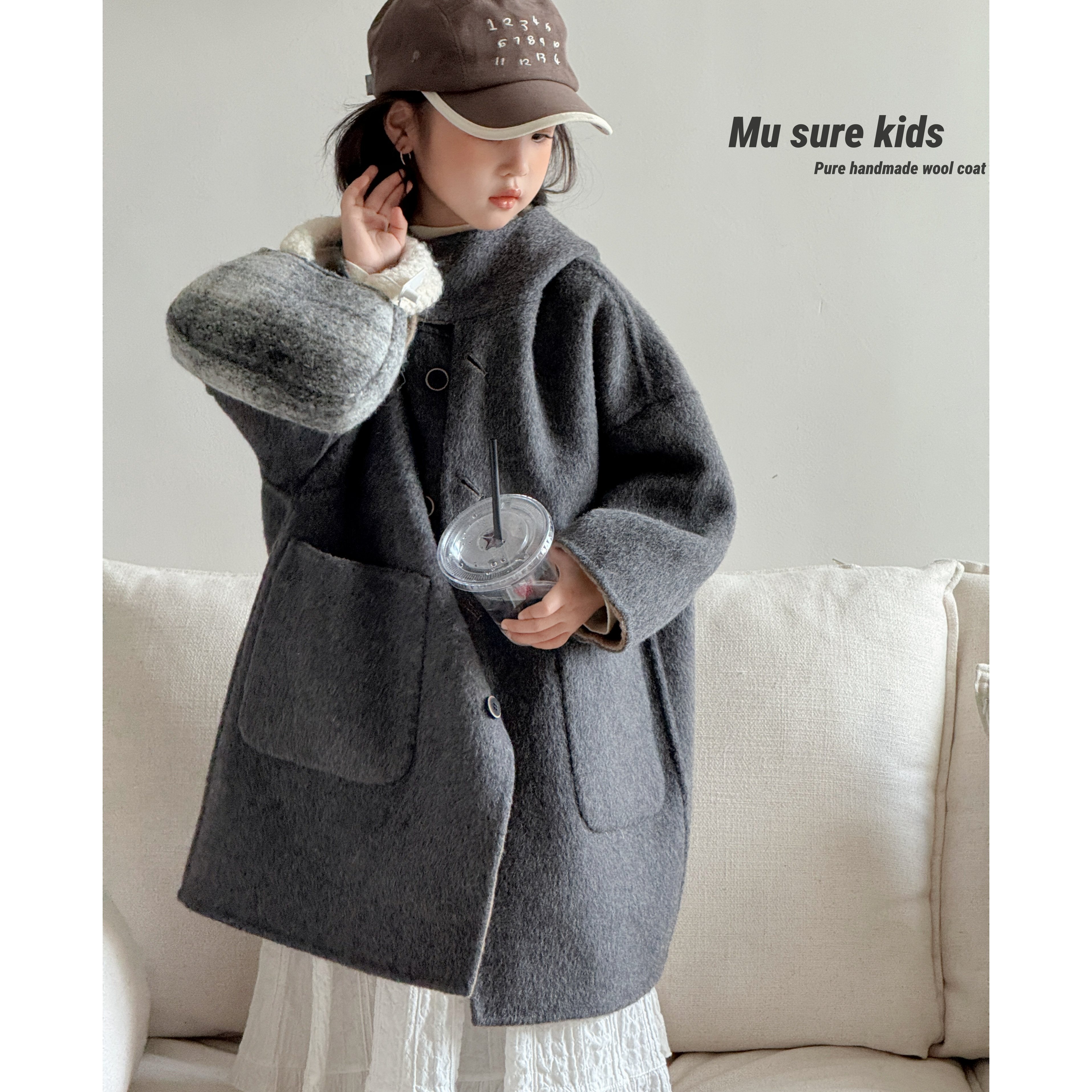两面穿大衣灰驼色双面羊绒秋冬韩版男童女童亲子连帽中长阔型外套,淘宝优惠券,粉丝福利购,淘宝优惠卷