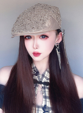 小香风彩色细格鸭舌帽