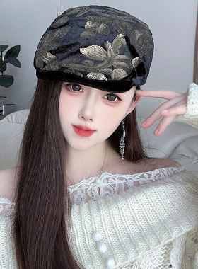 新款秋冬绒面前进帽子女韩版网红亮片鸭舌帽显脸小贝雷帽画家帽