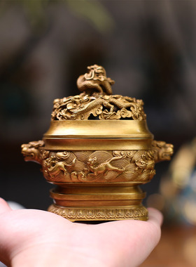6#带盖海水瑞兽方炉黄铜摆件