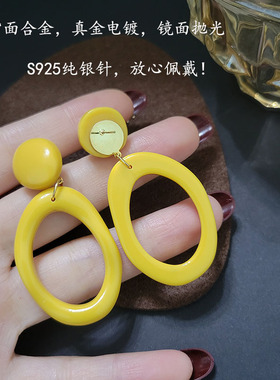 黄色几何耳环高级2021年新款港风