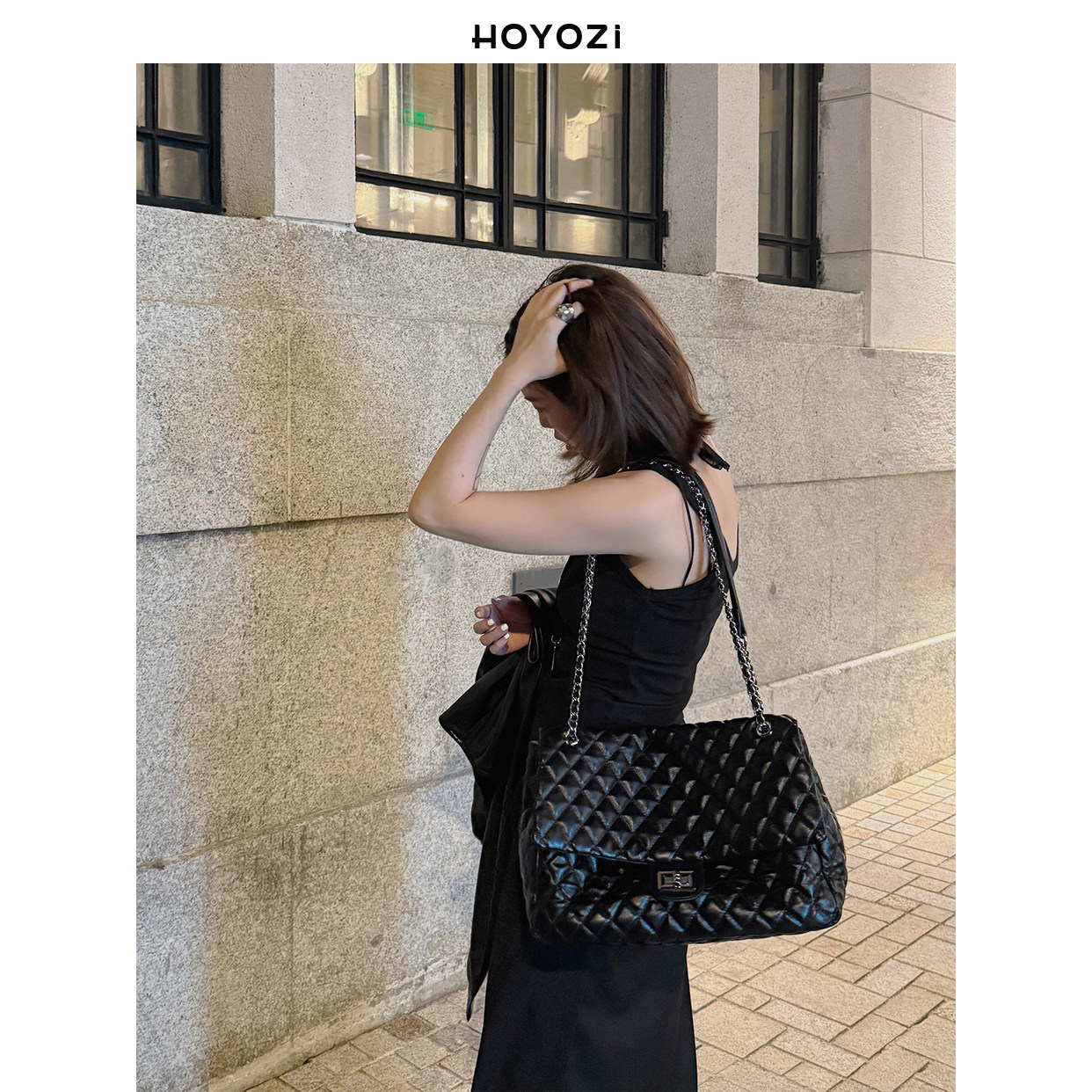 【小优家包包】HOYOZI黑色菱格链条通勤包包女式2025新款单肩大包,淘宝优惠券,粉丝福利购,淘宝优惠卷