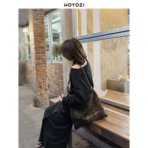 【小优家包包】HOYOZI原创 真皮豹纹帆布秋冬通勤托特女链条斜挎 - 图2
