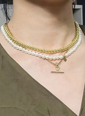 穿普女王2拉达 安妮·海瑟薇 安迪同款金色叠戴珍珠锁骨颈项链圈